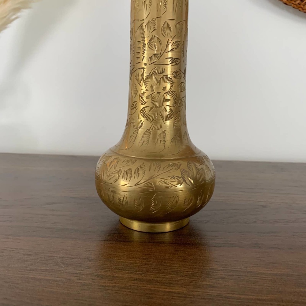 VTG Indian Gold Brass Etched Bottleneck Bud Vase - Picture 5 of 10
